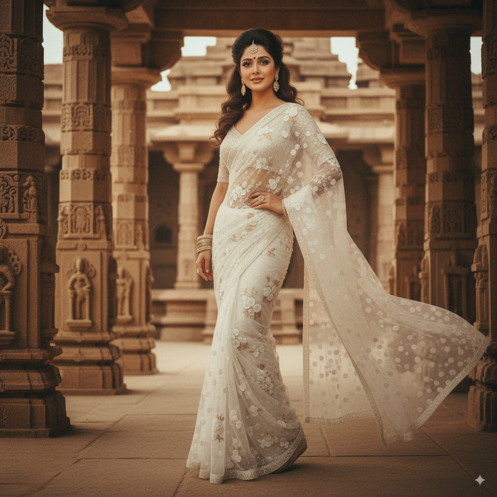 Turn this photo into a classic Bollywood scene: person in a white lace saree at an ancient Indian temple, soft lighting and grainy texture on nanobananas.me